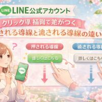福岡でLINE公式アカウントのクリック率を比較する構成として、押される導線と流される導線の違いを女性とボタン配置で示した内容