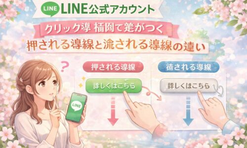 福岡でLINE公式アカウントのクリック率を比較する構成として、押される導線と流される導線の違いを女性とボタン配置で示した内容