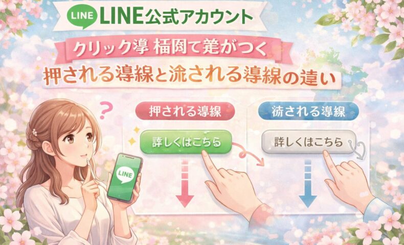 福岡でLINE公式アカウントのクリック率を比較する構成として、押される導線と流される導線の違いを女性とボタン配置で示した内容