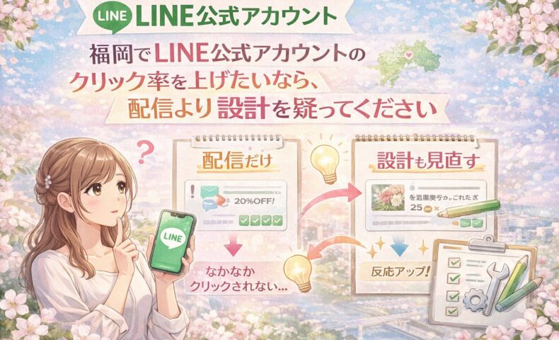 福岡でLINE公式アカウントのクリック率改善を考える女性と、配信だけの場合と設計見直し後の違いを比較した構成