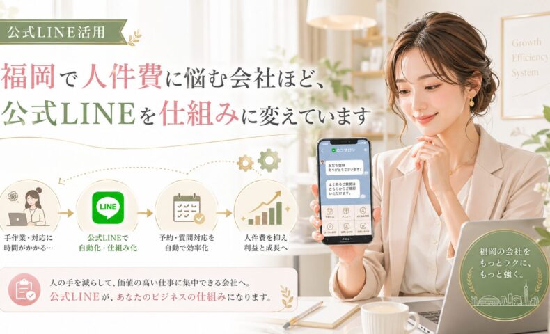 公式LINE 人件費 福岡をテーマに、手作業対応から自動化へ切り替え、人件費を抑えて成長につなげる流れを示した構成