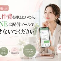 公式LINE 人件費 福岡をテーマに、女性とLINE画面、自動対応や予約受付で人件費を抑える仕組み化を示した構成