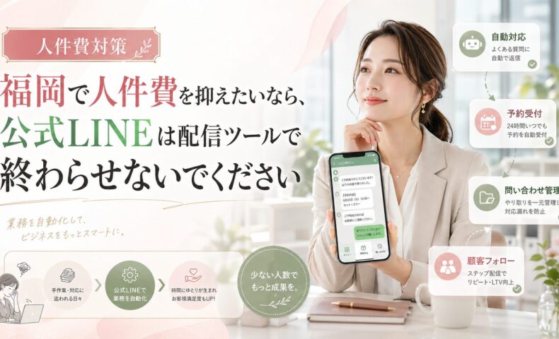 公式LINE 人件費 福岡をテーマに、女性とLINE画面、自動対応や予約受付で人件費を抑える仕組み化を示した構成
