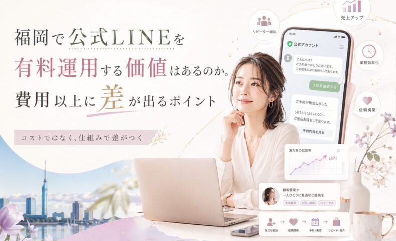公式LINE 有料 福岡をテーマに、女性とLINE画面、費用以上に差が出る運用価値を上品な構成で示した内容