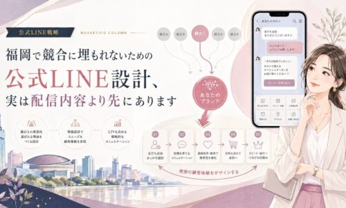 公式LINE 競合 福岡をテーマに、競合比較からブランド導線設計までの流れを女性とスマホ画面で示した構成