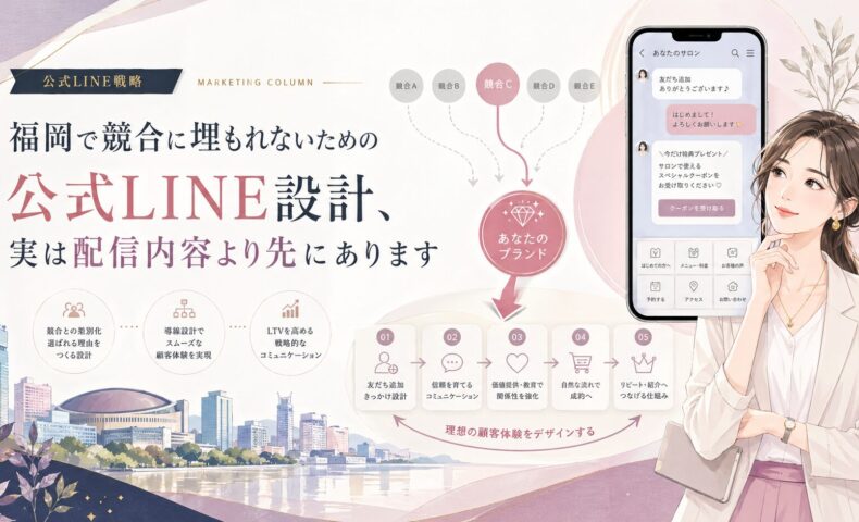 公式LINE 競合 福岡をテーマに、競合比較からブランド導線設計までの流れを女性とスマホ画面で示した構成