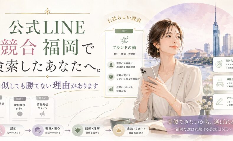 公式LINE 競合 福岡をテーマに、女性と自社設計の図解で、真似では勝てない理由を示した構成