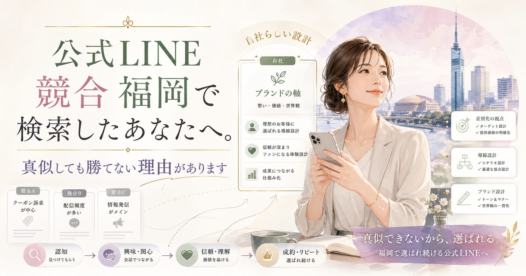 公式LINE 競合 福岡をテーマに、女性と自社設計の図解で、真似では勝てない理由を示した構成
