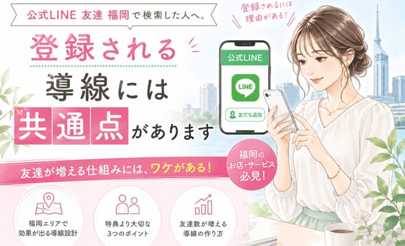 福岡で公式LINEの友達を増やす導線設計の共通点を、スマホを操作する女性とLINE登録画面で表現