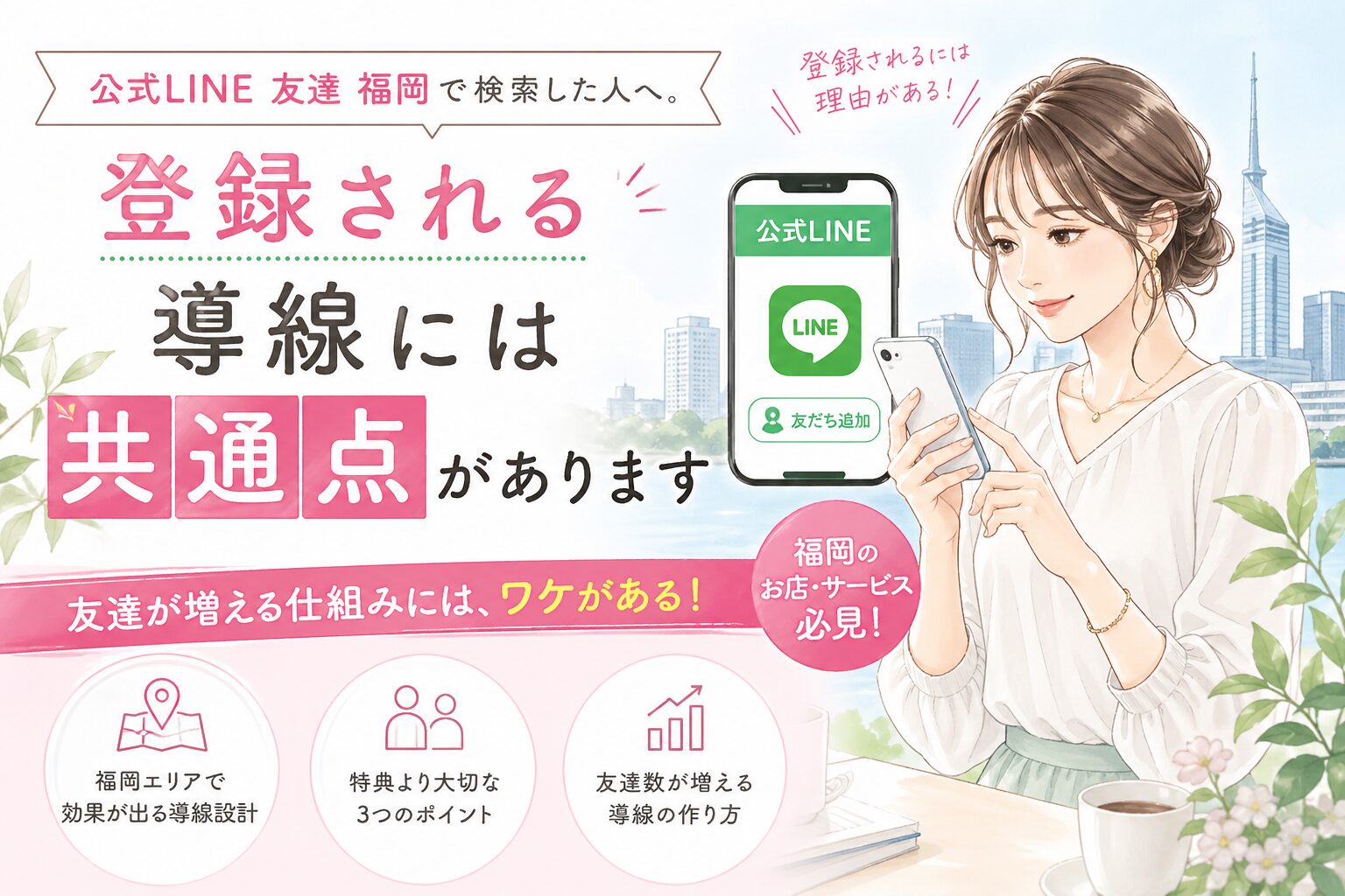 福岡で公式LINEの友達を増やす導線設計の共通点を、スマホを操作する女性とLINE登録画面で表現