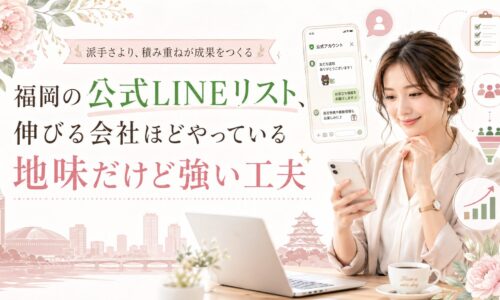 福岡の公式LINEリストを伸ばすための地道な工夫を、スマホを持つ女性と配信管理・顧客整理で表現