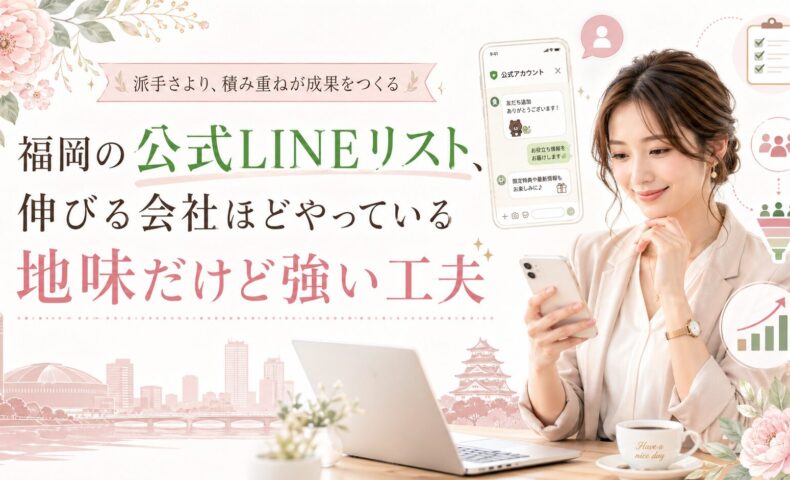 福岡の公式LINEリストを伸ばすための地道な工夫を、スマホを持つ女性と配信管理・顧客整理で表現