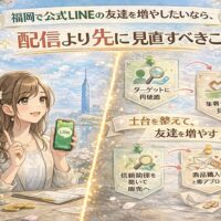福岡で公式LINEの友達を増やしたい人向けに、配信前に見直す土台や導線設計を女性と図解で示した構成
