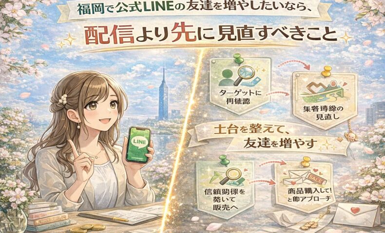 福岡で公式LINEの友達を増やしたい人向けに、配信前に見直す土台や導線設計を女性と図解で示した構成