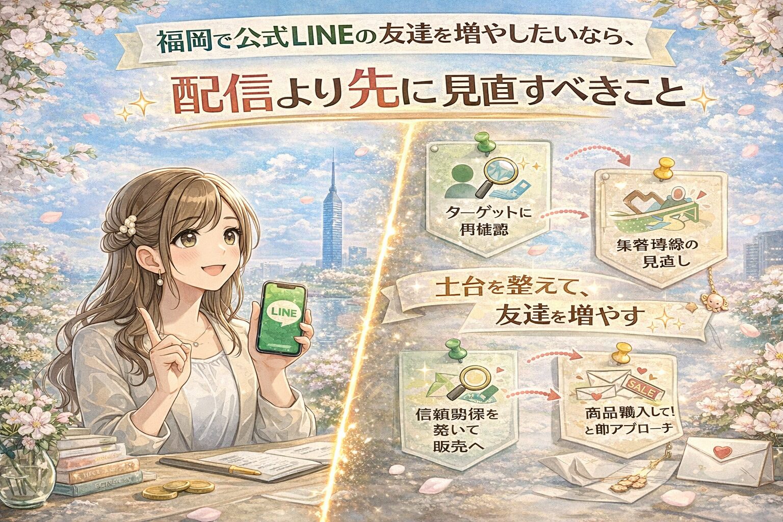 福岡で公式LINEの友達を増やしたい人向けに、配信前に見直す土台や導線設計を女性と図解で示した構成