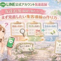 福岡でLINE公式アカウントの友達追加に悩む女性と、集客導線の見直し手順を3段階で示した構成
