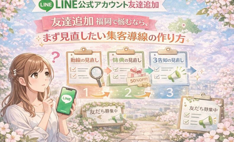 福岡でLINE公式アカウントの友達追加に悩む女性と、集客導線の見直し手順を3段階で示した構成