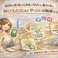 福岡 LINE SNS 集客をテーマに、女性とLINE画面、SNSから公式LINE、販売へつながる順番を図解で示した構成