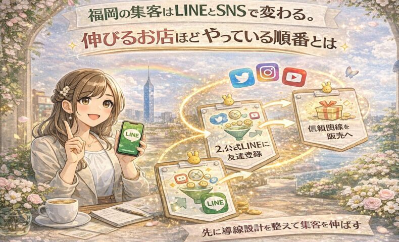 福岡 LINE SNS 集客をテーマに、女性とLINE画面、SNSから公式LINE、販売へつながる順番を図解で示した構成