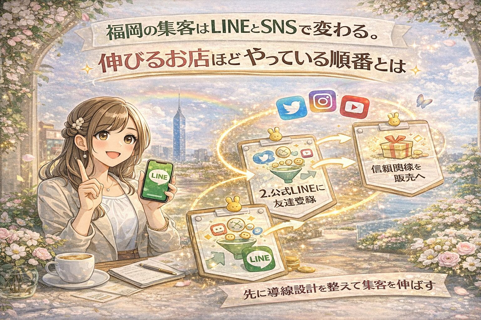 福岡 LINE SNS 集客をテーマに、女性とLINE画面、SNSから公式LINE、販売へつながる順番を図解で示した構成