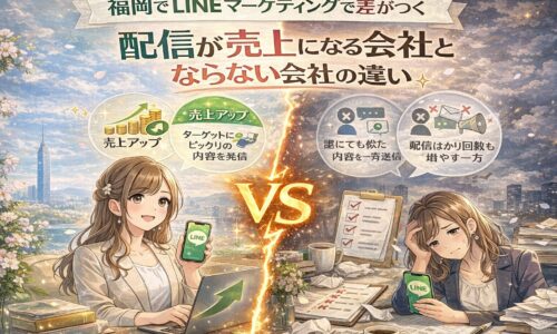 福岡 LINE マーケティングをテーマに、売上につながる会社とつながらない会社の違いを対比構図で示した内容