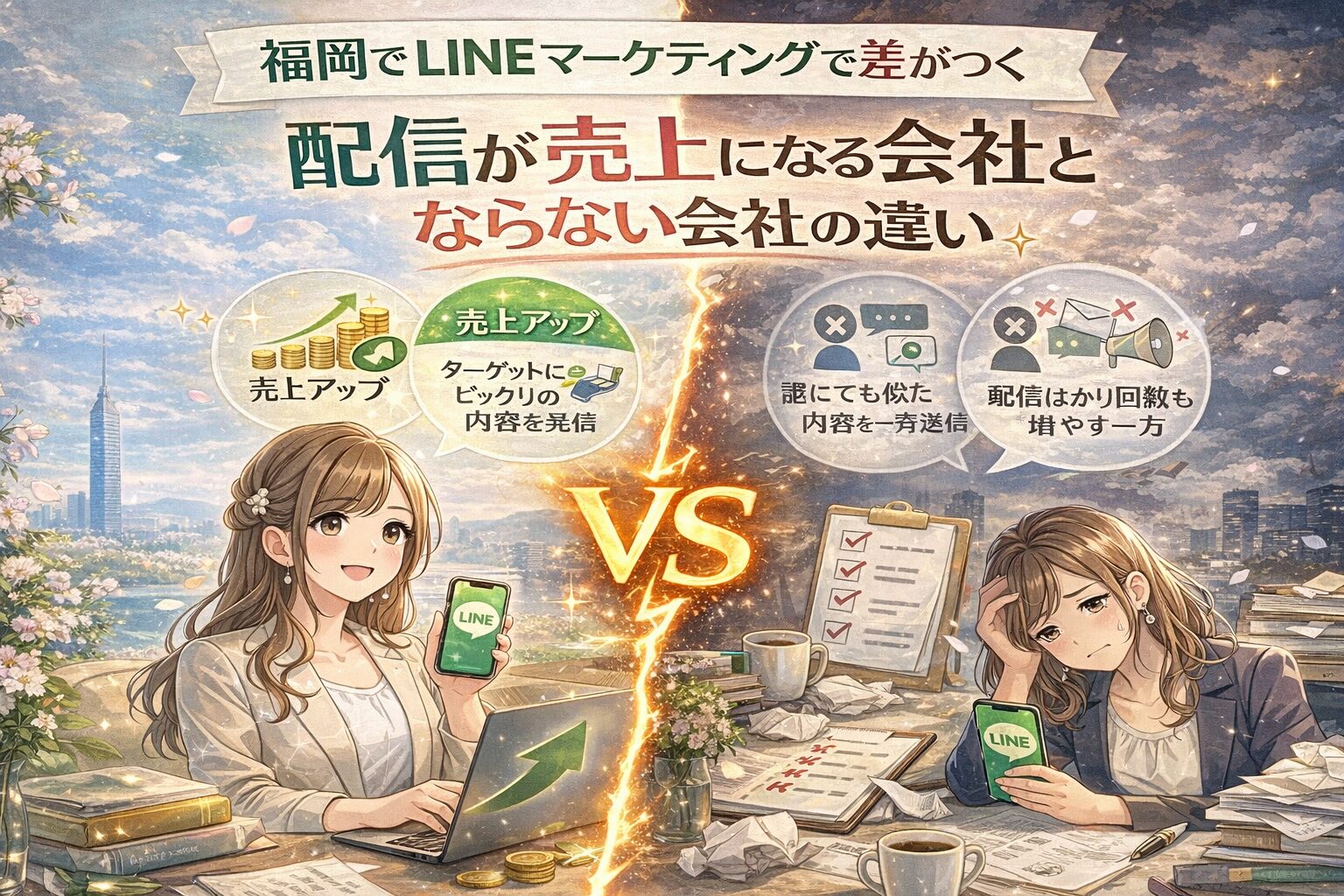 福岡 LINE マーケティングをテーマに、売上につながる会社とつながらない会社の違いを対比構図で示した内容