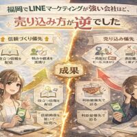 福岡 LINE マーケティングで成果差が出る理由を、信頼づくり優先の会社と売り込み優先の会社の対比で示した構成