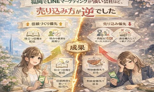 福岡 LINE マーケティングで成果差が出る理由を、信頼づくり優先の会社と売り込み優先の会社の対比で示した構成