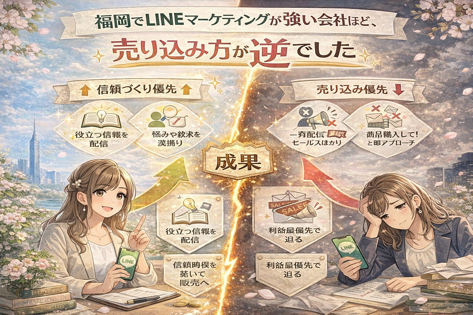 福岡 LINE マーケティングで成果差が出る理由を、信頼づくり優先の会社と売り込み優先の会社の対比で示した構成