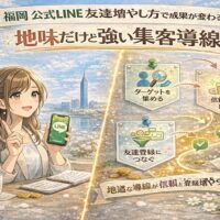 福岡 公式LINE 友達増やし方をテーマに、女性とLINE画面、地道だけど強い集客導線を段階的に示した構成