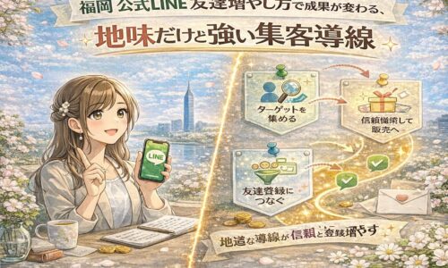 福岡 公式LINE 友達増やし方をテーマに、女性とLINE画面、地道だけど強い集客導線を段階的に示した構成