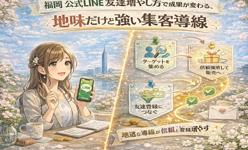 福岡 公式LINE 友達増やし方をテーマに、女性とLINE画面、地道だけど強い集客導線を段階的に示した構成