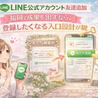 福岡でLINE公式アカウントの友達追加を増やすため、女性と友だち追加ボタン、登録したくなる入口設計を示した構成