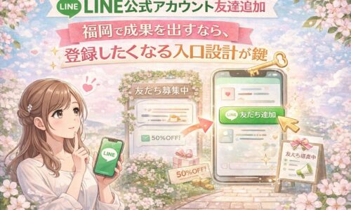 福岡でLINE公式アカウントの友達追加を増やすため、女性と友だち追加ボタン、登録したくなる入口設計を示した構成