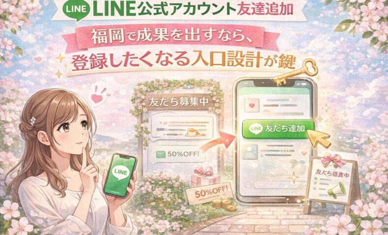 福岡でLINE公式アカウントの友達追加を増やすため、女性と友だち追加ボタン、登録したくなる入口設計を示した構成