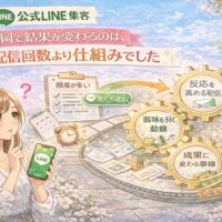 公式LINE 集客 福岡をテーマに、女性とLINE画面、配信回数より仕組みが成果差を生む流れを歯車で示した構成