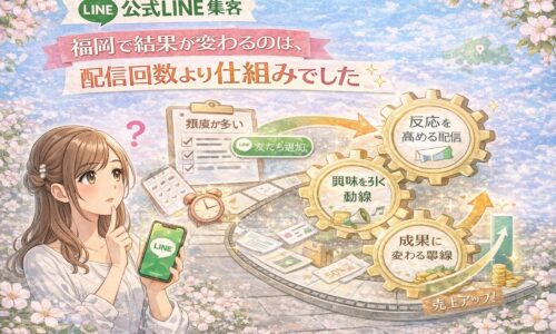 公式LINE 集客 福岡をテーマに、女性とLINE画面、配信回数より仕組みが成果差を生む流れを歯車で示した構成