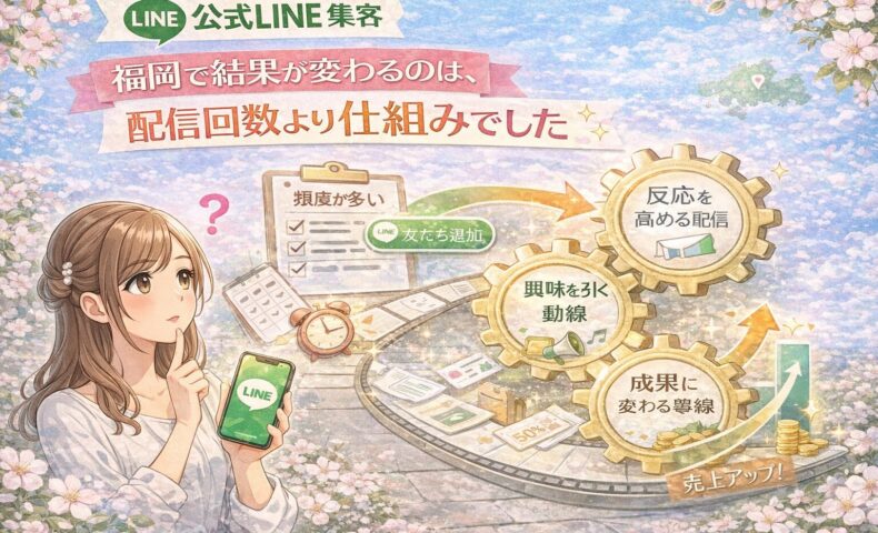 公式LINE 集客 福岡をテーマに、女性とLINE画面、配信回数より仕組みが成果差を生む流れを歯車で示した構成