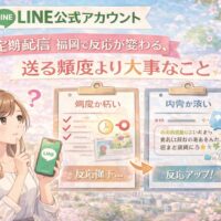福岡でLINE公式アカウントの定期配信を見直す女性と、送る頻度より内容設計が反応差を生むことを比較した構成