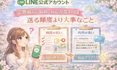 福岡でLINE公式アカウントの定期配信を見直す女性と、送る頻度より内容設計が反応差を生むことを比較した構成