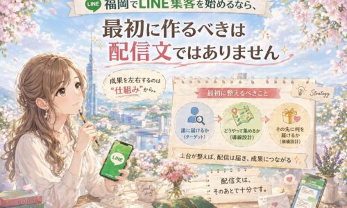 福岡でLINE集客を始める女性と、配信文より先に導線設計を整える重要性を2つのボード比較で示した構成
