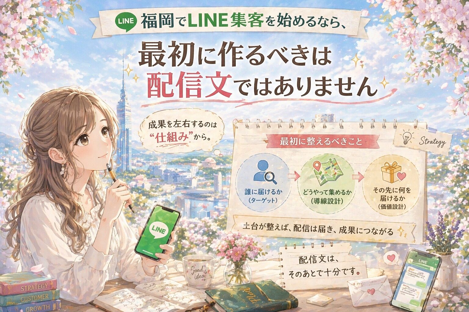 福岡でLINE集客を始める女性と、配信文より先に導線設計を整える重要性を2つのボード比較で示した構成
