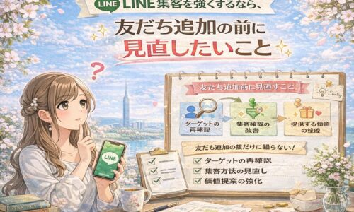 福岡でLINE集客を強くしたい人向けに、友だち追加の前に見直す導線や価値設計を女性とボードで示した構成
