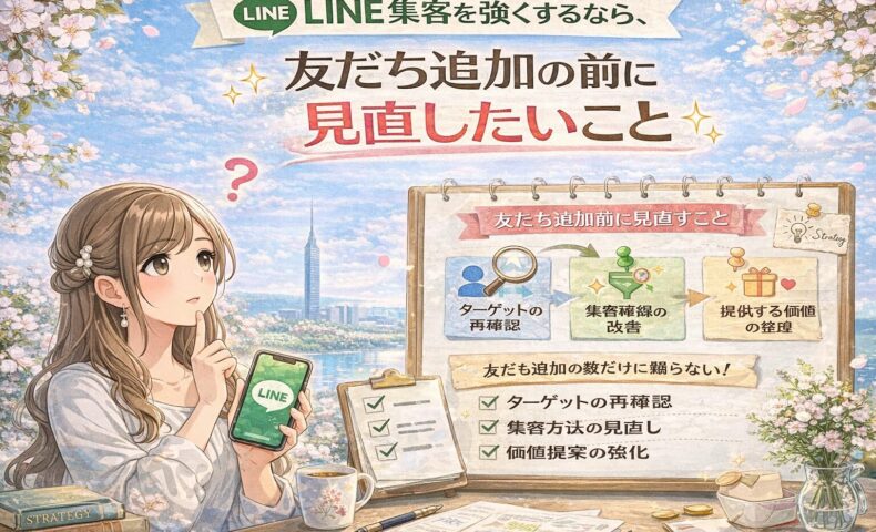 福岡でLINE集客を強くしたい人向けに、友だち追加の前に見直す導線や価値設計を女性とボードで示した構成