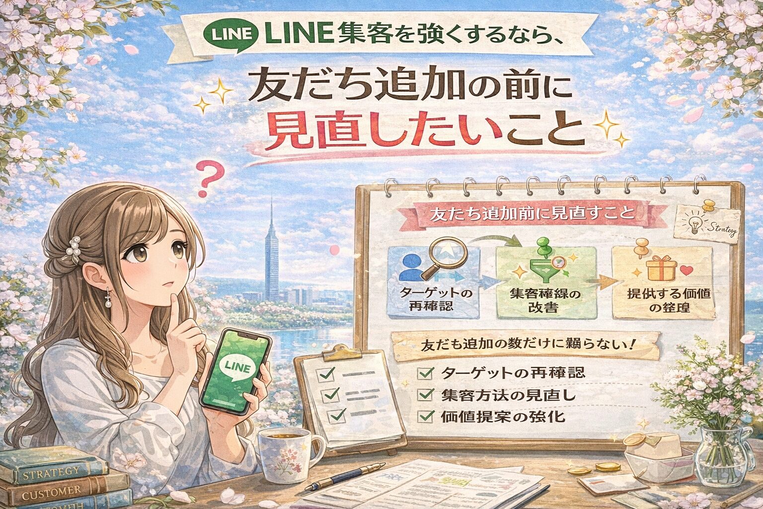 福岡でLINE集客を強くしたい人向けに、友だち追加の前に見直す導線や価値設計を女性とボードで示した構成
