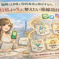 福岡 LINE SNS 集客をテーマに、女性とLINE・SNS画面、投稿前に整える導線設計の流れを図解で示した構成