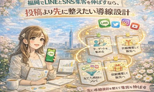 福岡 LINE SNS 集客をテーマに、女性とLINE・SNS画面、投稿前に整える導線設計の流れを図解で示した構成