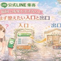 公式LINE 集客 福岡をテーマに、女性とLINE画面、入口から出口へつながる導線で成果の流れを示した構成