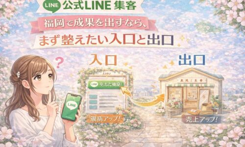公式LINE 集客 福岡をテーマに、女性とLINE画面、入口から出口へつながる導線で成果の流れを示した構成