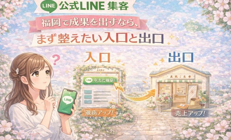 公式LINE 集客 福岡をテーマに、女性とLINE画面、入口から出口へつながる導線で成果の流れを示した構成